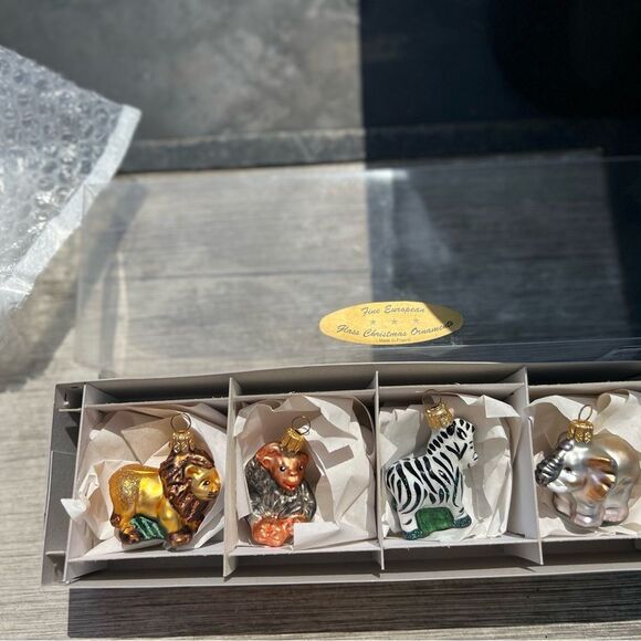 Four vintage handblown glass jungle animals Christmas ornament set, Poland, box - Picture 4 of 8